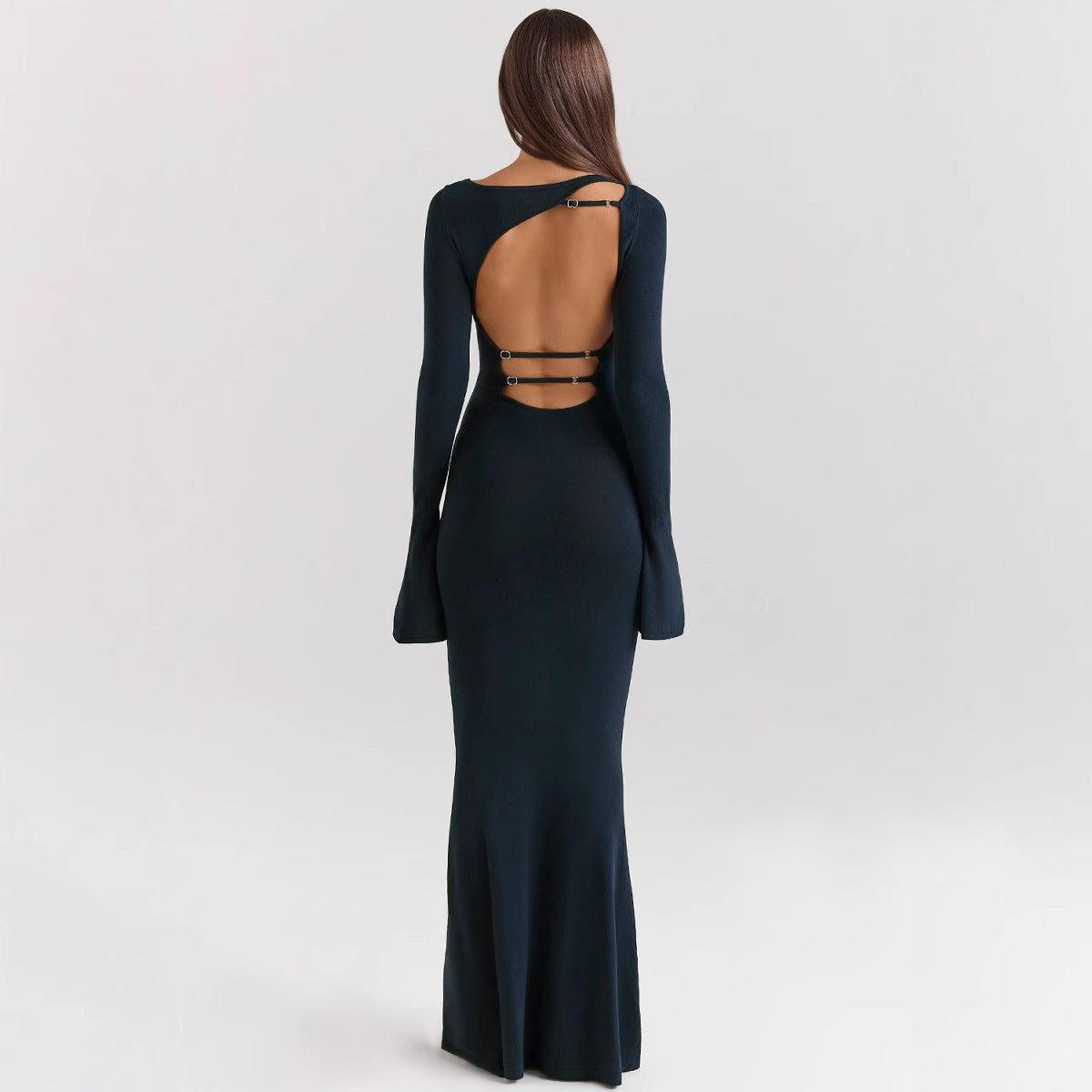 Solid Color Long Fashionable Elegant Backless Slim Fit Long Sleeve Dress