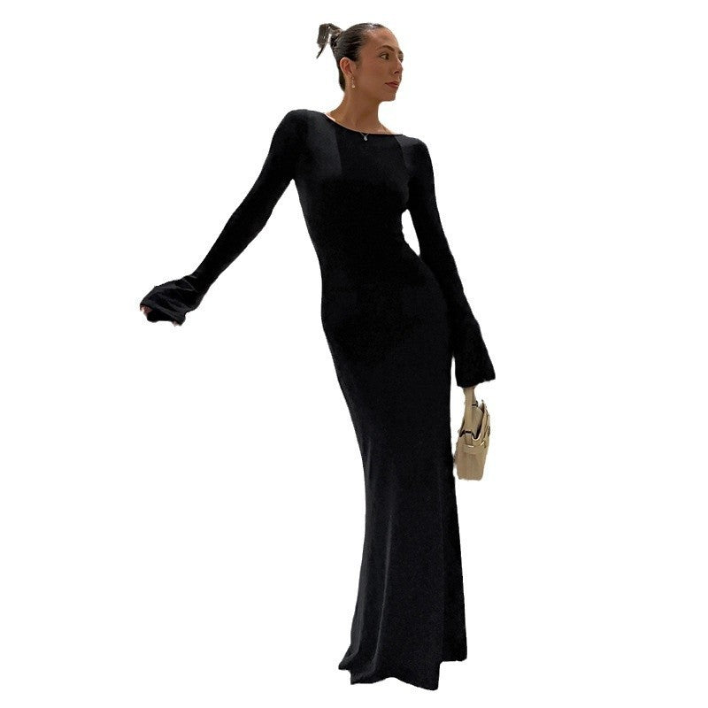 Solid Color Long Fashionable Elegant Backless Slim Fit Long Sleeve Dress